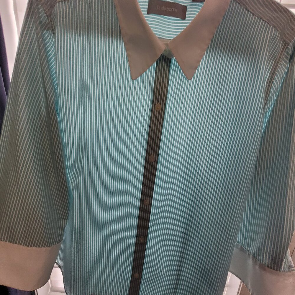 Teal Blue & White Pin Stripe Blouse XL Liz Claiborne - Picture 15 of 16